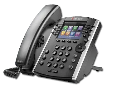 Modern desk phones in an office setting, representing a business phone system for efficient communication within an organization.