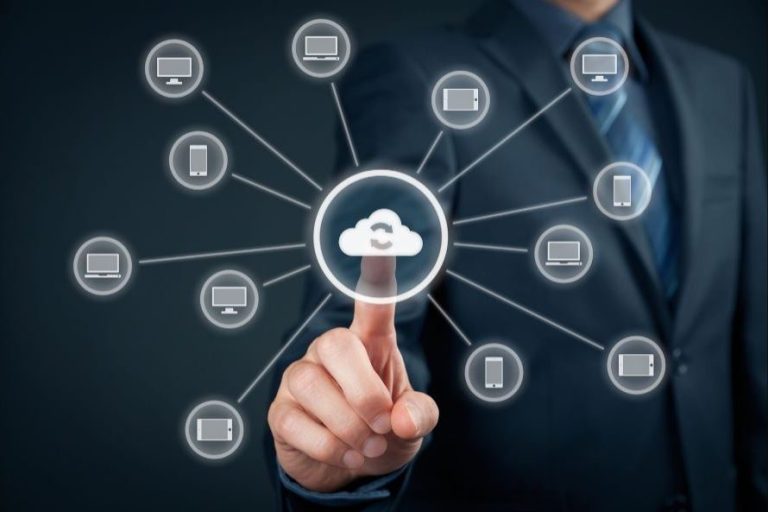 Illustration of clouds connecting various devices and applications, representing cloud integration services for seamless data sharing and accessibility.